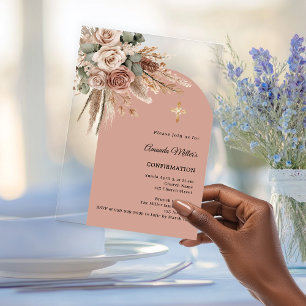 Invitations En Acrylique Roses taupe beige pampas arche claire Confirmation