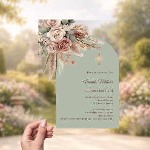 Invitations En Acrylique Roses taupe ivoire vert sauge voûte Confirmation