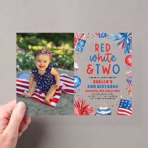 Invitations En Acrylique Rouge, Blanc & Deux 4 juillet 2e Photo Anniversair