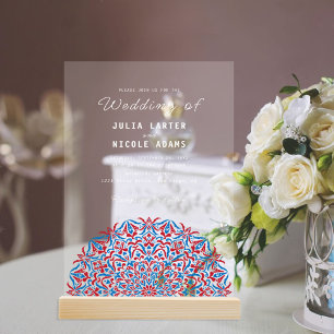 Invitations En Acrylique Rouge et Bleu Coral Reef Marbre Pierre Mandala Mar