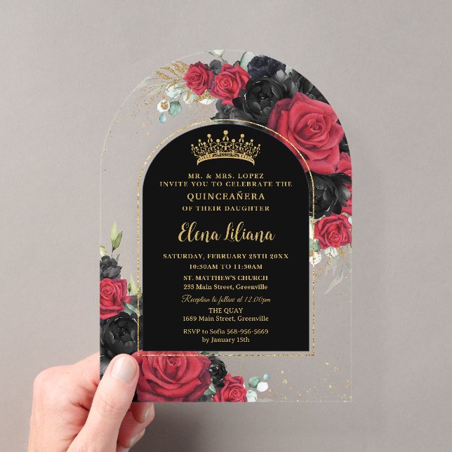 Invitations En Acrylique Rouge noir Rose Floral Quinceanera Sweet 16 Arc (In situ (ordinateur de poche))