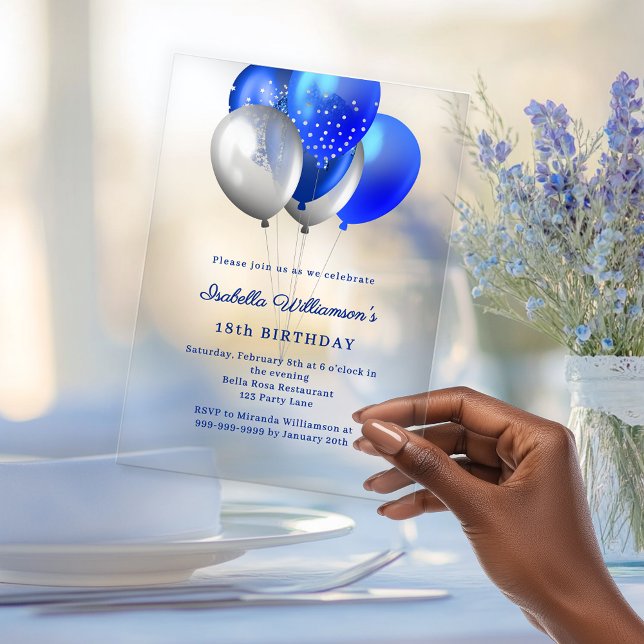 Invitations En Acrylique Royal blue balloons clear luxury birthday (Créateur téléchargé)