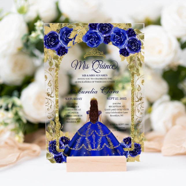Invitations En Acrylique Royal Blue Floral Princess Gold Arch Quinceanera (Créateur téléchargé)
