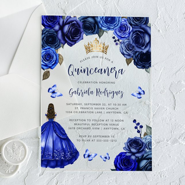 Invitations En Acrylique Royal Blue Floral Quinceañera (Créateur téléchargé)