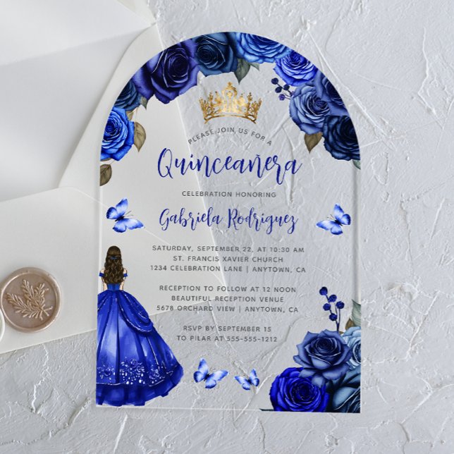Invitations En Acrylique Royal Blue Floral Rose Aquarelle Quinceañera (Créateur téléchargé)