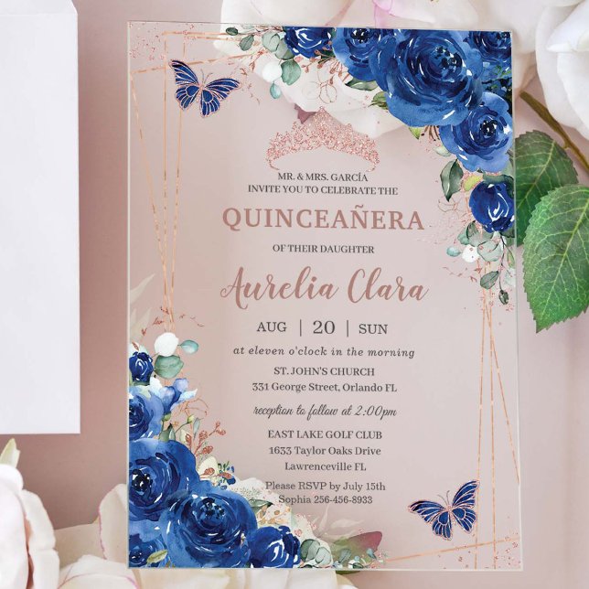 Invitations En Acrylique Royal Blue Floral Rose Gold Quinceañera Anniversai (Créateur téléchargé)