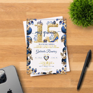 Invitations En Acrylique Royal Blue Golden Mis Quince 15 Quinceañera