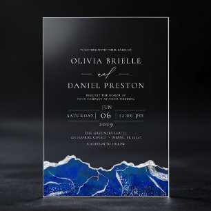 Invitations En Acrylique Royal Blue Silver Agate Élégant Mariage moderne