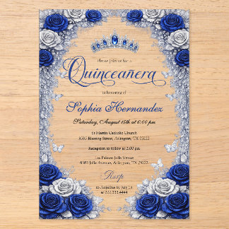 Invitations En Acrylique Royal Blue & Silver Quinceanera