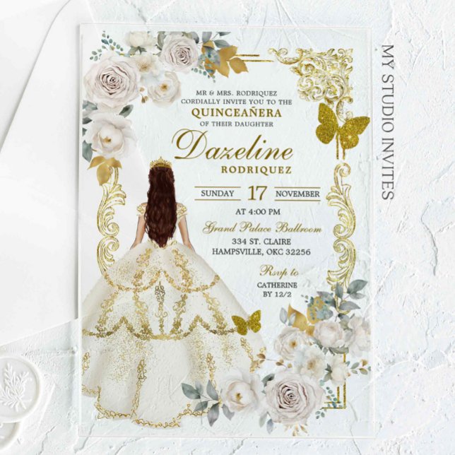 Invitations En Acrylique Royal Ivory Beige Princesse Quinceañera (Créateur téléchargé)