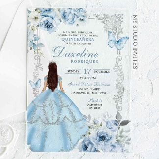 Invitations En Acrylique Royal Silver Light Blue Princess Quinceañera