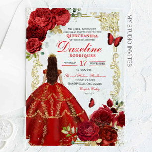 Invitations En Acrylique Royale Rouge et Or Princessa Quinceañera