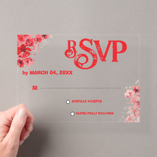 Invitations En Acrylique RSVP mariage floral rouge romantique