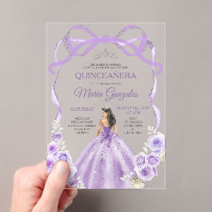 Invitations En Acrylique Ruban à bow fleuri pourpre Dusty Silver Mis Quince