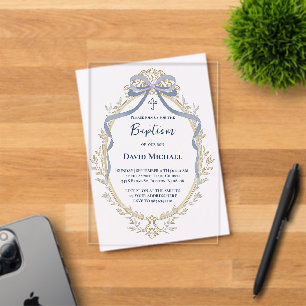 Invitations En Acrylique ruban bleu élégant cadre beige Baptême