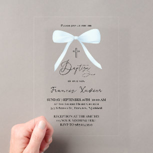 Invitations En Acrylique ruban bleu pastel Baptême