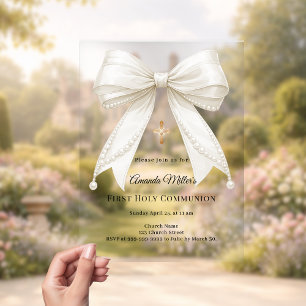 Invitations En Acrylique Ruban de perles d'ivoire fille élégante Première C