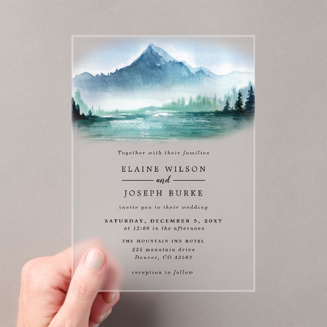 Invitations En Acrylique Russe Aquarelle Pine Mountains Lac Mariage (In situ (ordinateur de poche))