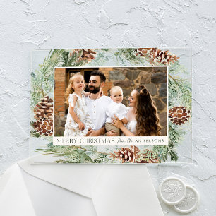 Invitations En Acrylique Russe Aquarelle Pinecone Wreath Photo de vacances