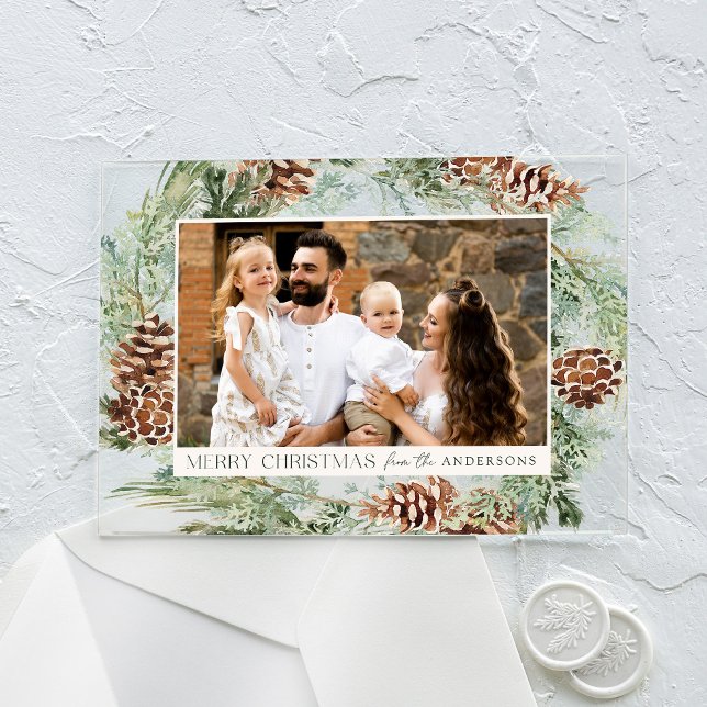Invitations En Acrylique Russe Aquarelle Pinecone Wreath Photo de vacances (Créateur téléchargé)