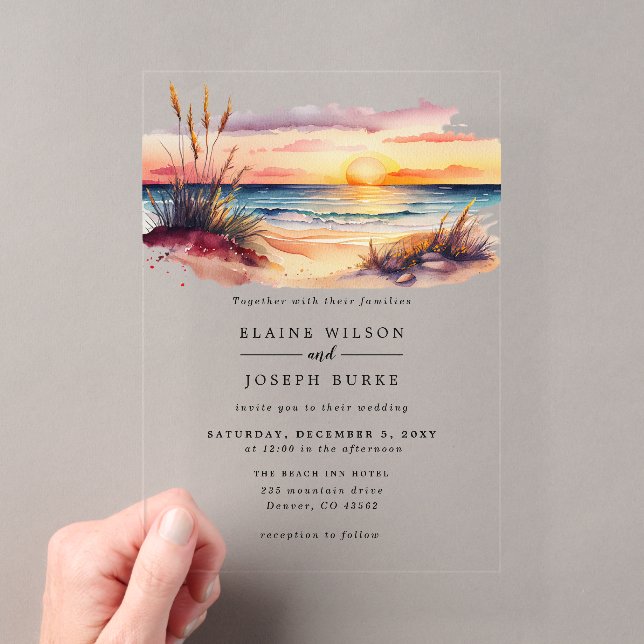Invitations En Acrylique Russe aquarelle Sunset Beach Mariage (In situ (ordinateur de poche))