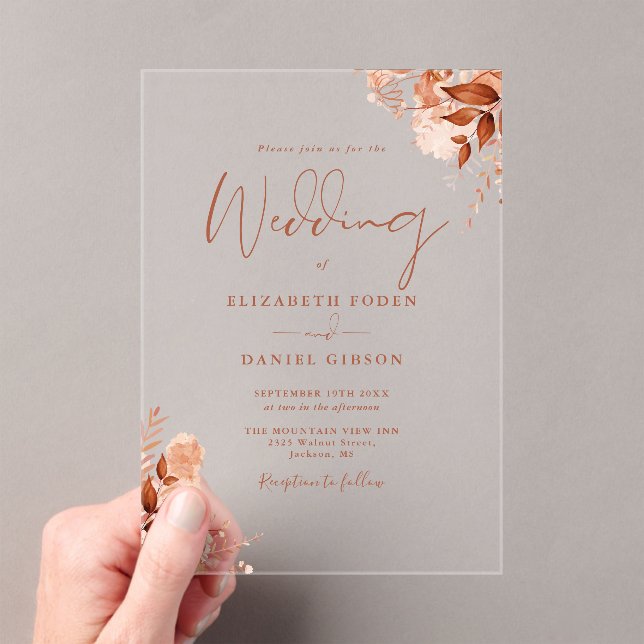Invitations En Acrylique Rustic Autumn Fall Floral Script Wedding (In situ (ordinateur de poche))