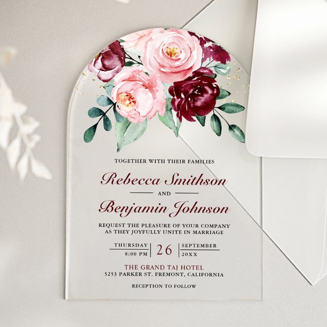 Invitations En Acrylique Rustic Blush Pink Burgundy Floral Wedding (Créateur téléchargé)