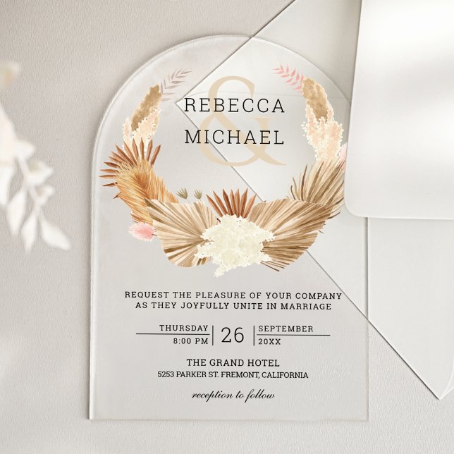 Invitations En Acrylique Rustic Boho Pampas Grass Wreath Dried Palm Wedding (Créateur téléchargé)