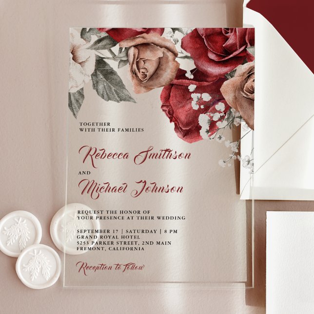 Invitations En Acrylique Rustic Burgundy Roses Wedding (Créateur téléchargé)