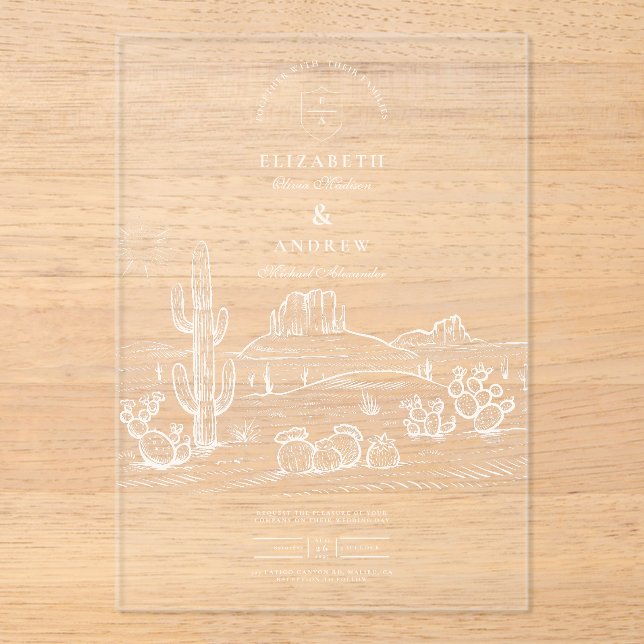 Invitations En Acrylique Rustic Cactus Mariage paysage du désert (Recto)