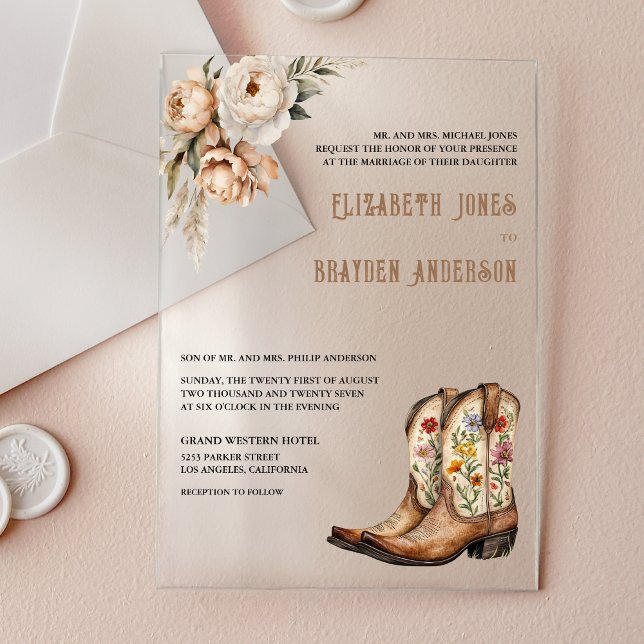 Invitations En Acrylique Rustic Floral Western Cowboy Boots Wedding (Créateur téléchargé)