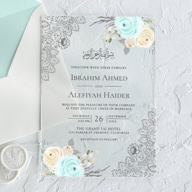 Invitations En Acrylique Rustic Mint Green Floral Lace Muslim Wedding (Créateur téléchargé)