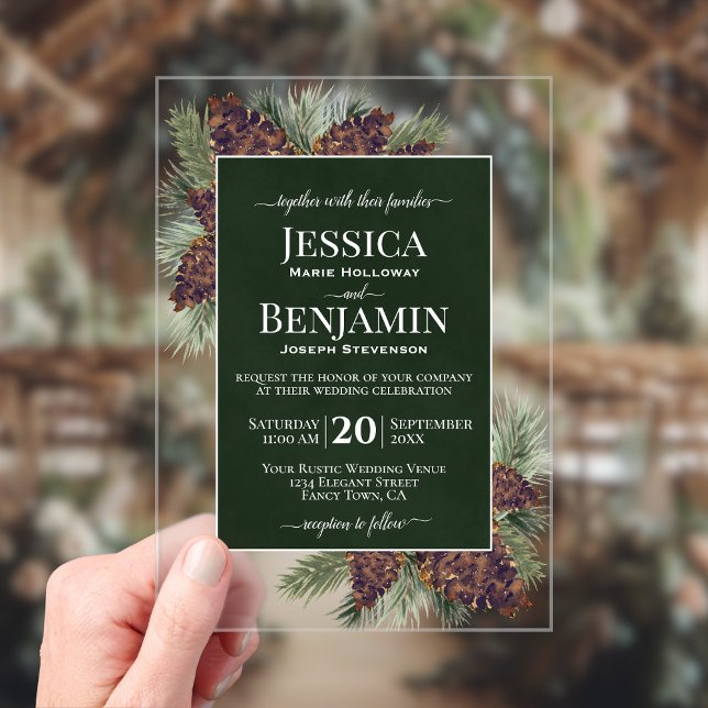 Invitations En Acrylique Rustic Pine Cones & Branches Stylish Text Wedding (Créateur téléchargé)