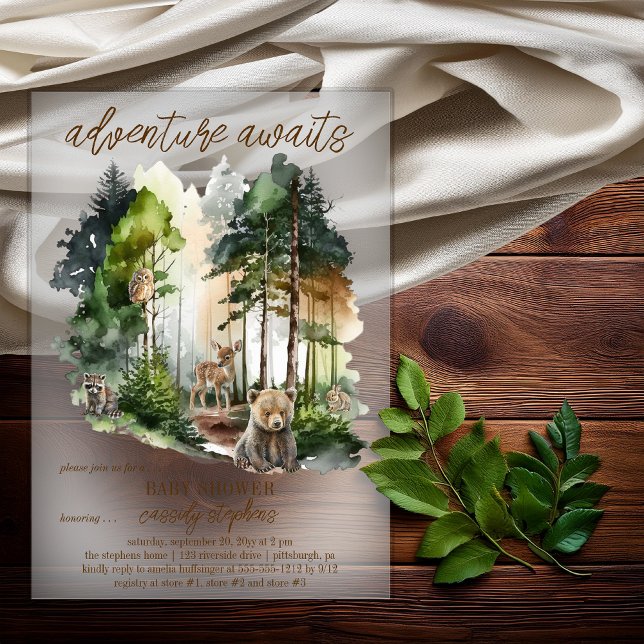 Invitations En Acrylique Rustic Woodland Adventure Attend Boy Baby shower (Rustic Woodland "Adventure Awaits" Boy Baby Shower Acrylic Invitations)