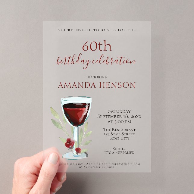 Invitations En Acrylique Rustique 60e anniversaire Vin rouge Surprise Anniv (In situ (ordinateur de poche))