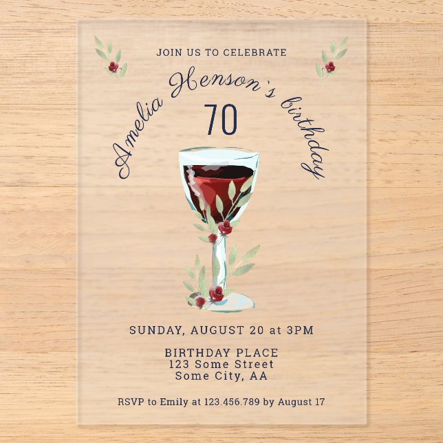 Invitations En Acrylique Rustique 70e anniversaire Verre rouge Anniversaire (Recto)
