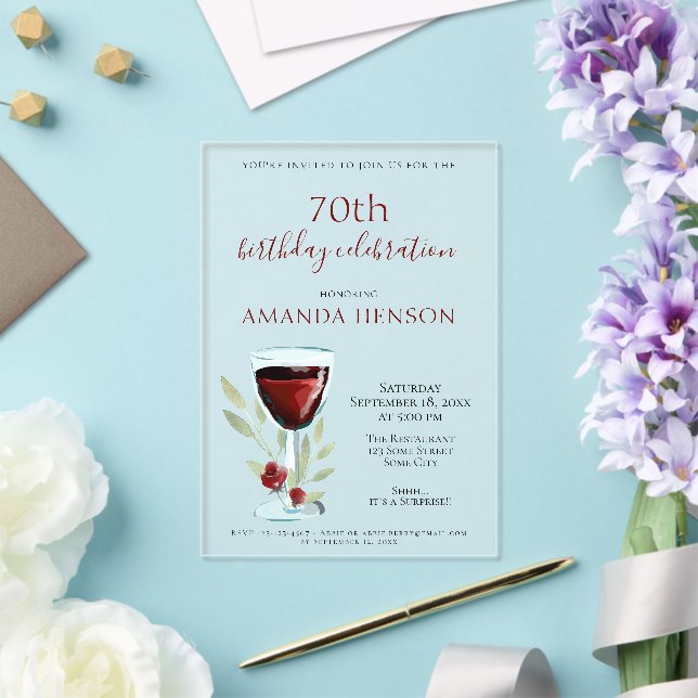 Invitations En Acrylique Rustique 70e anniversaire Vin rouge Surprise Anniv (Insitu (Mariage))