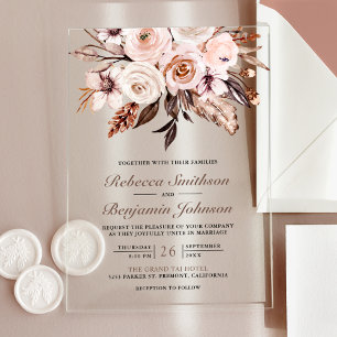 Invitations En Acrylique Rustique Bohème Naturel Fleurs de Mariage en Ivoir