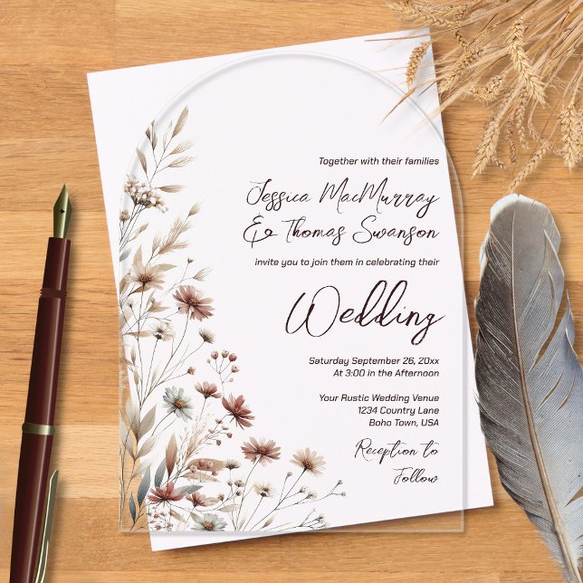 Invitations En Acrylique Rustique Boho Chic Fleur sauvage Moderne Mariage (Clear Acrylic with Arch Cut)