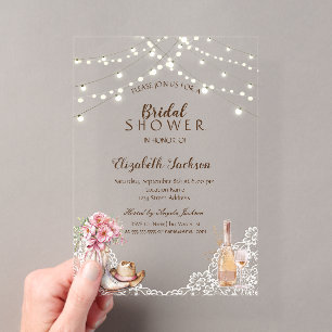 Invitations En Acrylique Rustique, dentelle, bottes Fleurs Shower de mariag