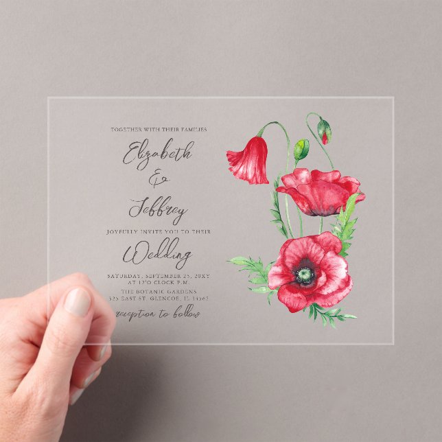 Invitations En Acrylique Rustique Elegant Aquarelle Script Red Poppy Mariag (In situ (ordinateur de poche))