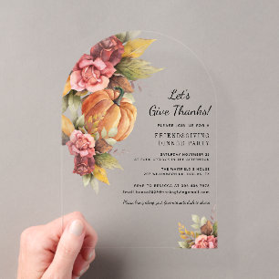Invitations En Acrylique Rustique Floral Citrouille Friendsgiving Thanksgiv