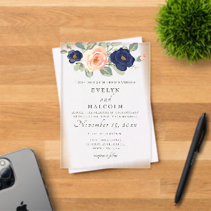 Invitations En Acrylique Rustique Pays Marine Bleu et Pêcher Floral Mariage