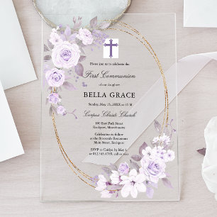 Invitations En Acrylique Rustique violet Rose Floral Première sainte commun