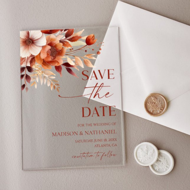 Invitations En Acrylique Rusty Burgundy Brown Floral Wedding Save The Date (Créateur téléchargé)