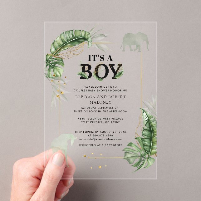 Invitations En Acrylique Safari Elephant Giraffe Baby shower garçon (In situ (ordinateur de poche))