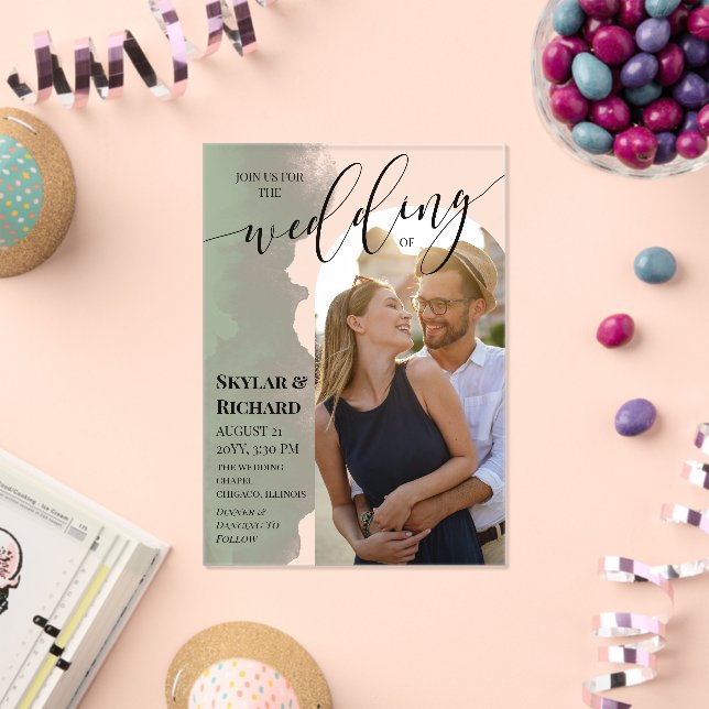 Invitations En Acrylique Sage Green Aquarelle Rejoignez-nous Arch Photo Mar (Insitu (Célébration))