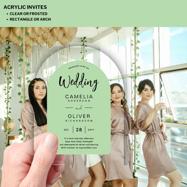 Invitations En Acrylique Sage Green Arch mariage acrylique invite moderne (Créateur téléchargé)