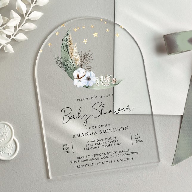 Invitations En Acrylique Sage Green Boho Floral Moon Arch Baby shower (Créateur téléchargé)