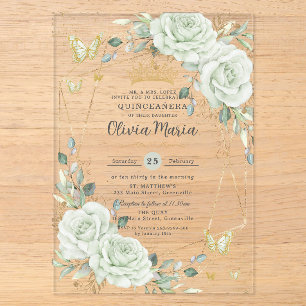 Invitations En Acrylique Sage Green Floral Papillons Quinceañera Quince